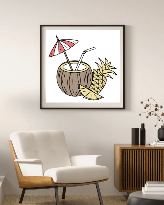 Cadre numérique pastel avec motif tropicaux d'ananas et ambiance d'évasion exotique