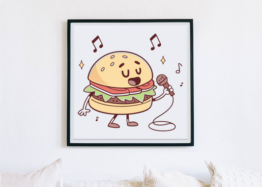 Cadre coloré avec un burger au visage chantant et joyeux, style gourmand et amusant