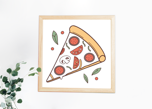 Cadre moderne avec part de pizza stylisée sur fond plat et coloré