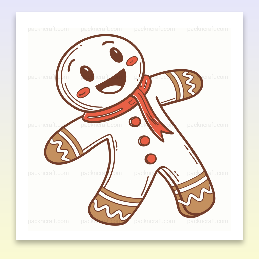 Illustration d'un bonhomme en pain d'épices joyeux, idéal pour projets de Noël et DIY.