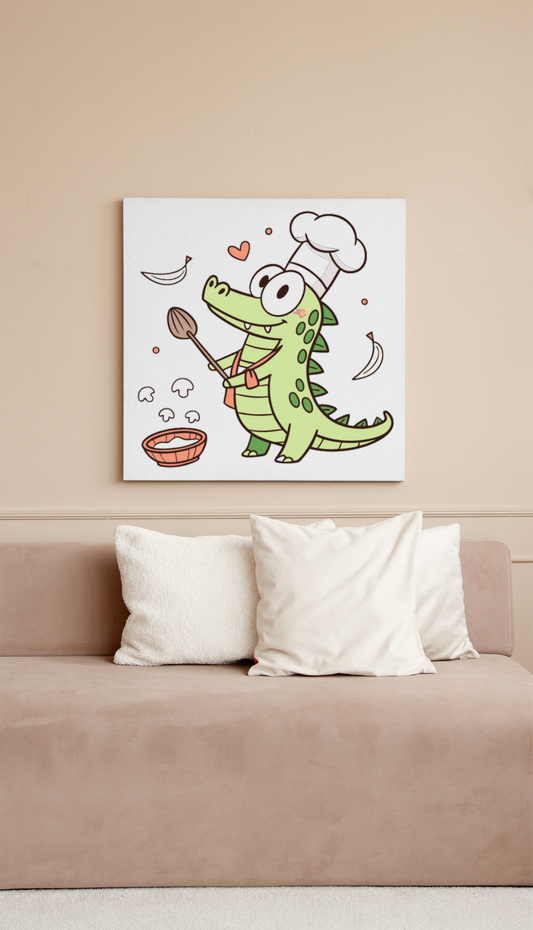 Cadre créatif avec crocodile joyeux préparant un plat, parfait pour la déco cuisine