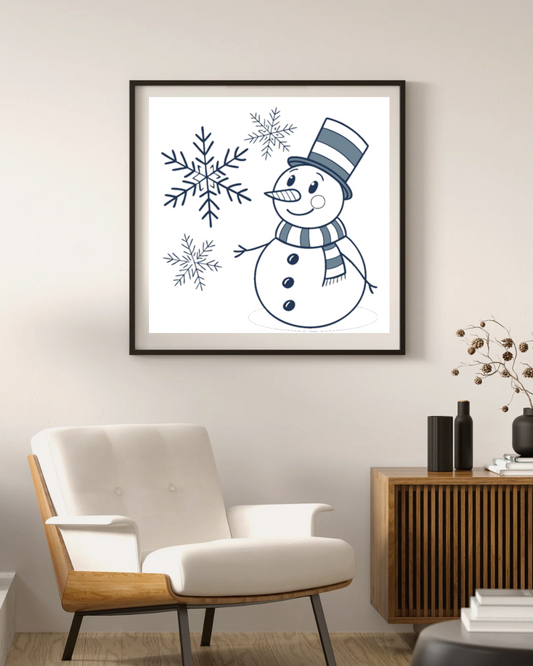 Cadre avec bonhomme de neige stylisé pour une ambiance hivernale magique