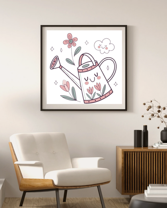 Cadre pastel avec arrosoir joyeux et fleurs évoquant un jardin printanier