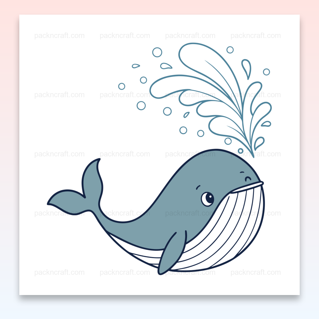 Illustration doodle de baleine joyeuse arrosant, idéale pour décorations marines.