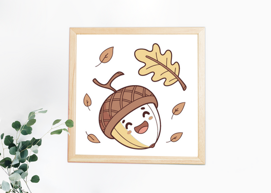 Cadre automne pastel avec un gland souriant en chute dans un style décoratif