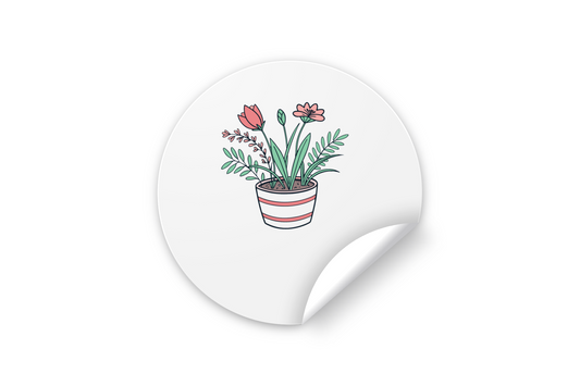 Sticker avec illustration colorée de fleurs printanières en ambiance jardin