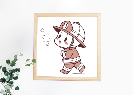 Cadre avec pompier miniature en style kawaii, joyeux et vivant, parfait pour décorer