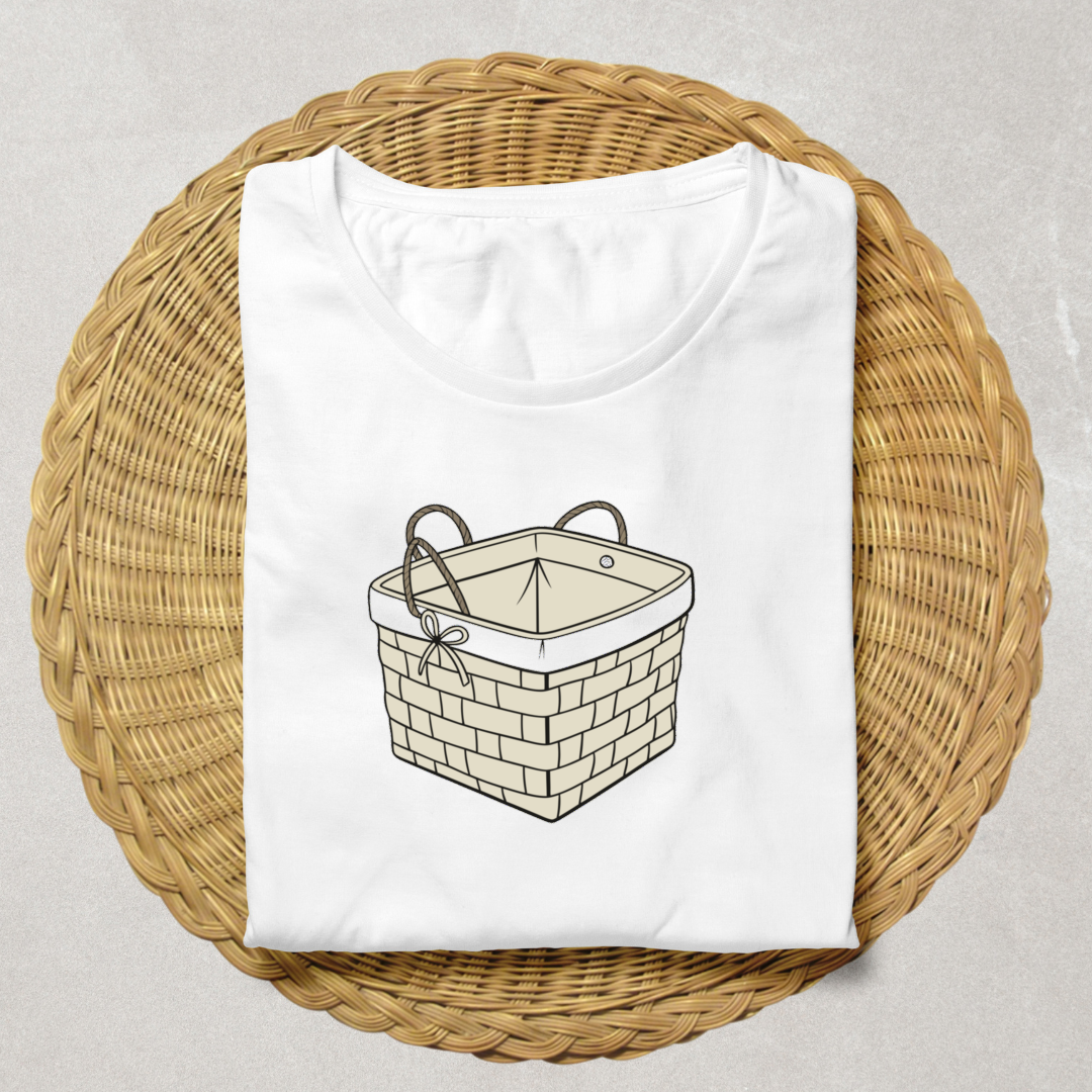 T-shirt champêtre avec icône numérique d'un panier tressé élégant