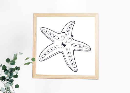 Cadre avec une étoile de mer souriante style doodle dans un décor océanique