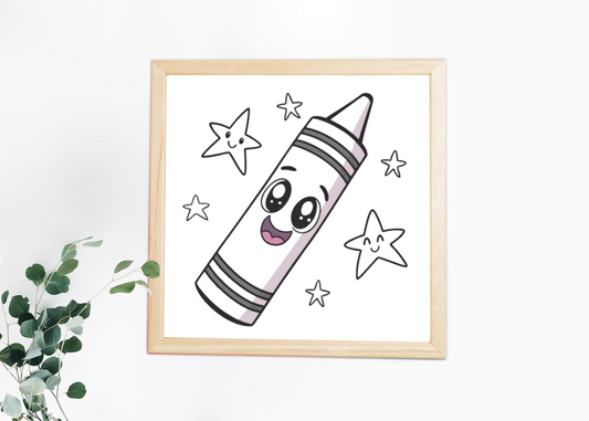 Cadre décoratif avec crayon souriant style cartoon et touches d'étoiles enfantines
