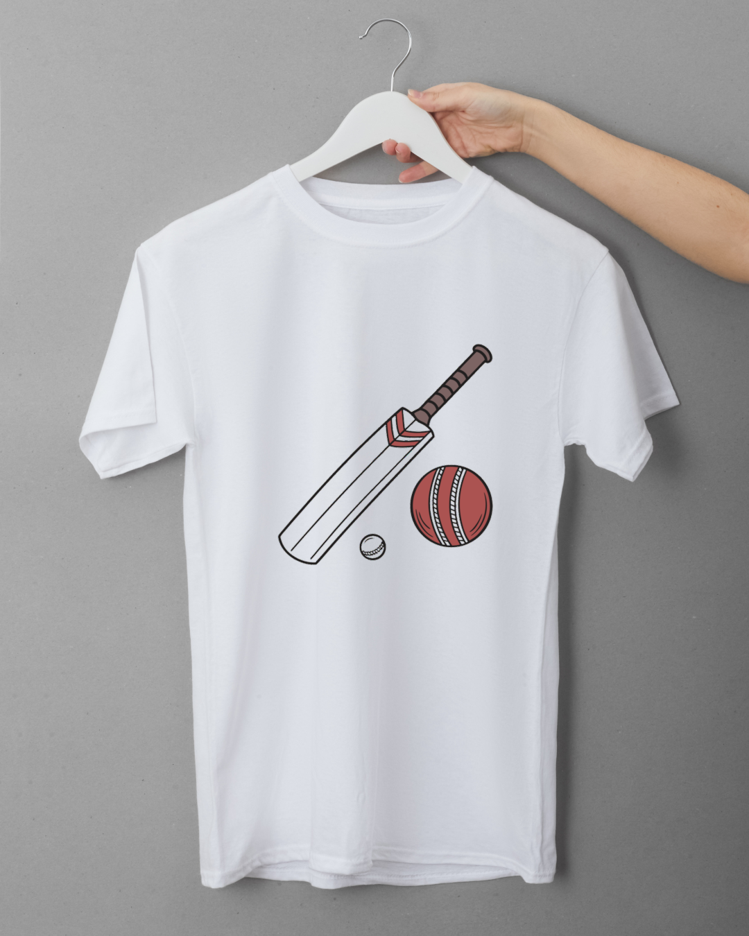 T-shirt sportif avec batte de cricket dynamique sur fond neutre