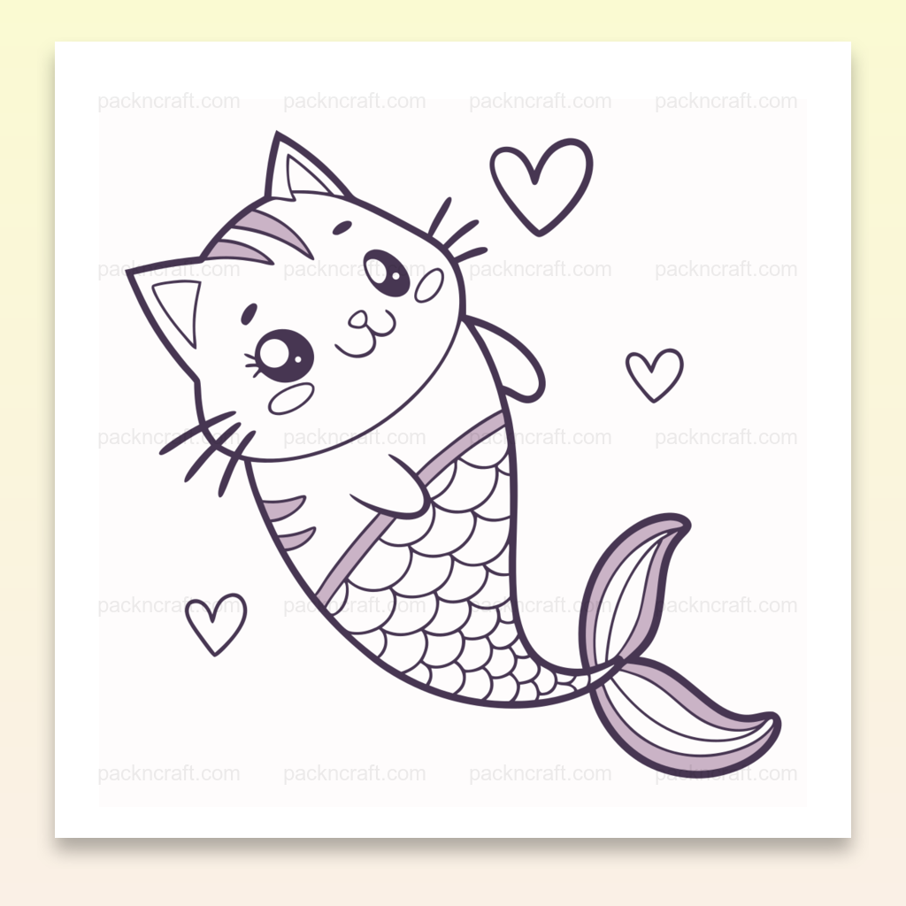 Chat sirène enjoué illustré en style cartoon, parfait pour DIY et déco.