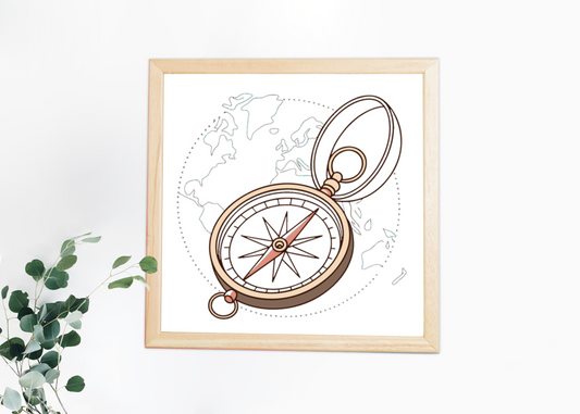 Cadre au design minimaliste avec boussole sur fond d'exploration