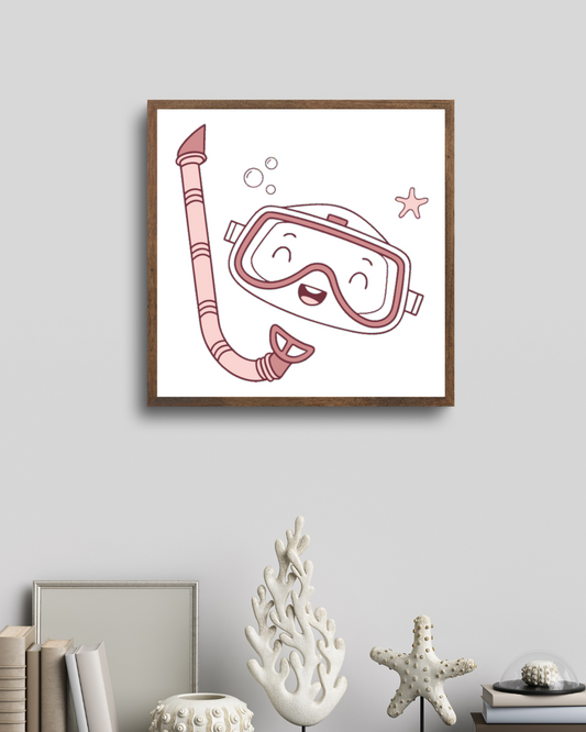 Cadre avec décor marin minimaliste, masque plongée animé sourire, élégant et moderne