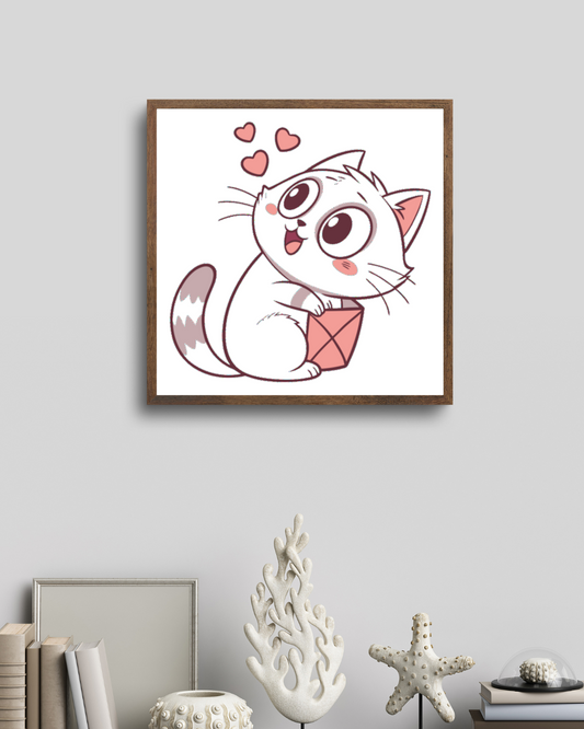 Cadre décoratif avec motif de chat, design doux et rêveur pour ambiance apaisante