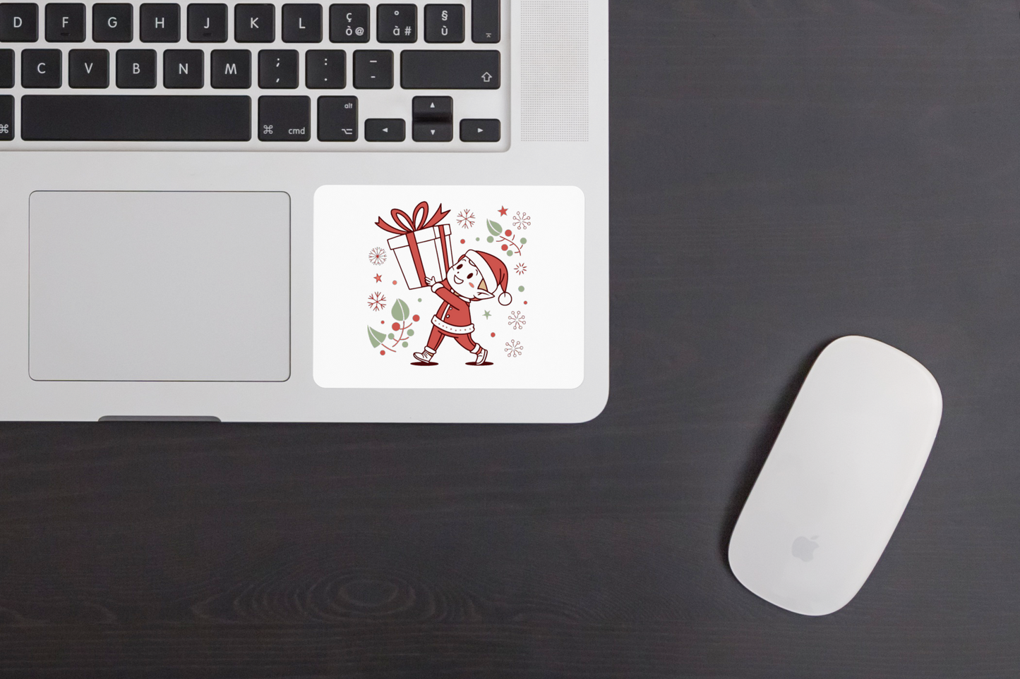 Sticker festif avec lutin joyeux et cadeau apportant une touche magique de Noël