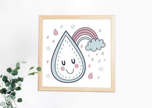 Cadre avec une goutte joyeuse pastel sous un arc-en-ciel, ambiance douce et légère