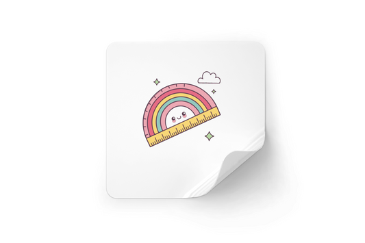 Sticker représentant un arc-en-ciel souriant et une règle en tons pastel sur fond blanc
