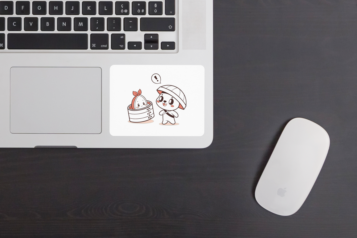 Sticker avec panda kawaii curieux explorant dim sum dans un style asiatique amusant