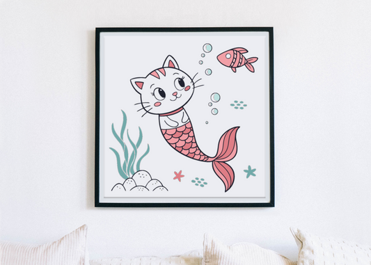 Cadre mettant en scène un chat sirène style kawaii dans un océan magique