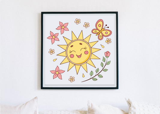 Cadre printanier avec soleil et papillon pastel décorant le salon élégant