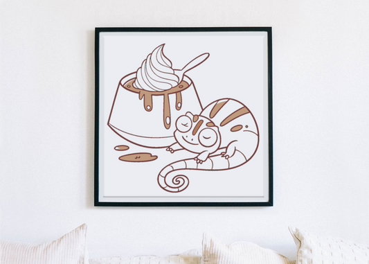 Cadre décoratif montrant un caméléon pastel relaxant sur un fond thème desserts