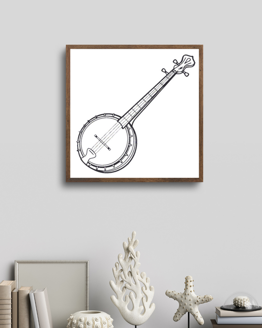 Cadre moderne avec un banjo numérique minimaliste et des motifs musicaux élégants