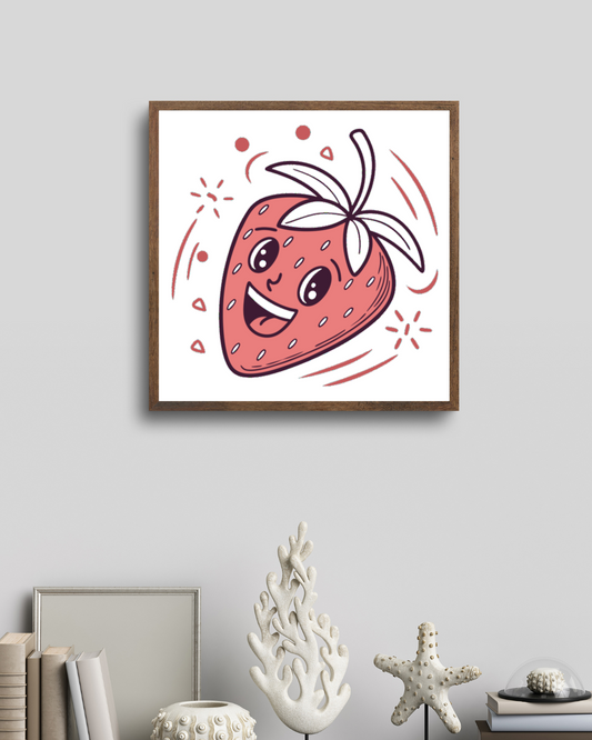 Cadre avec fraise joyeuse cartoon tourbillonnant sur fond festif