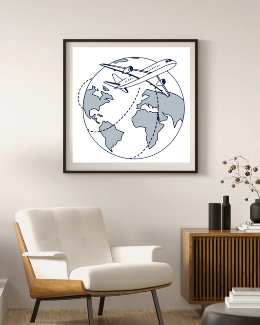 Cadre décoratif avec avion stylisé en vol inspirant le voyage