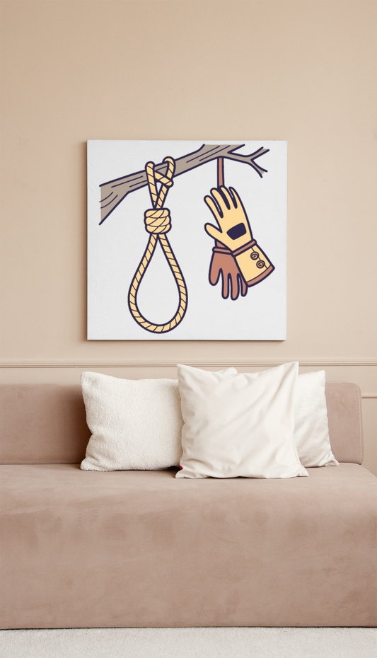 Cadre avec visuel doodle d'un gant suspendu à une branche dans un décor nature