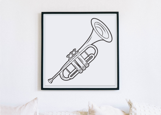 Cadre décoratif avec trompette vectorielle, ambiance musicale harmonieuse