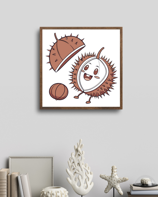 Cadre automnal avec un marron kawaii souriant dans un style numérique élégant