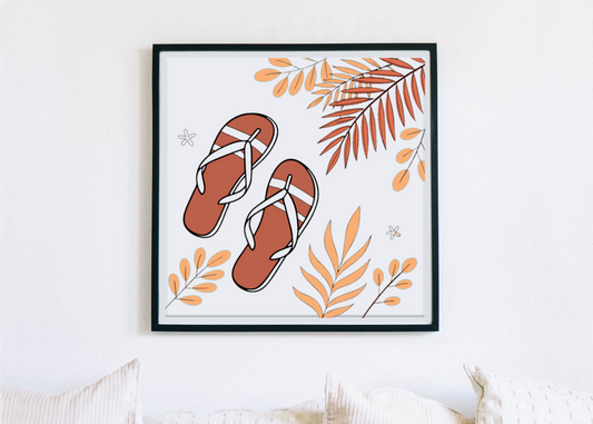 Cadre avec dessin de tongs tropicales évoquant l'évasion et les vacances d'été