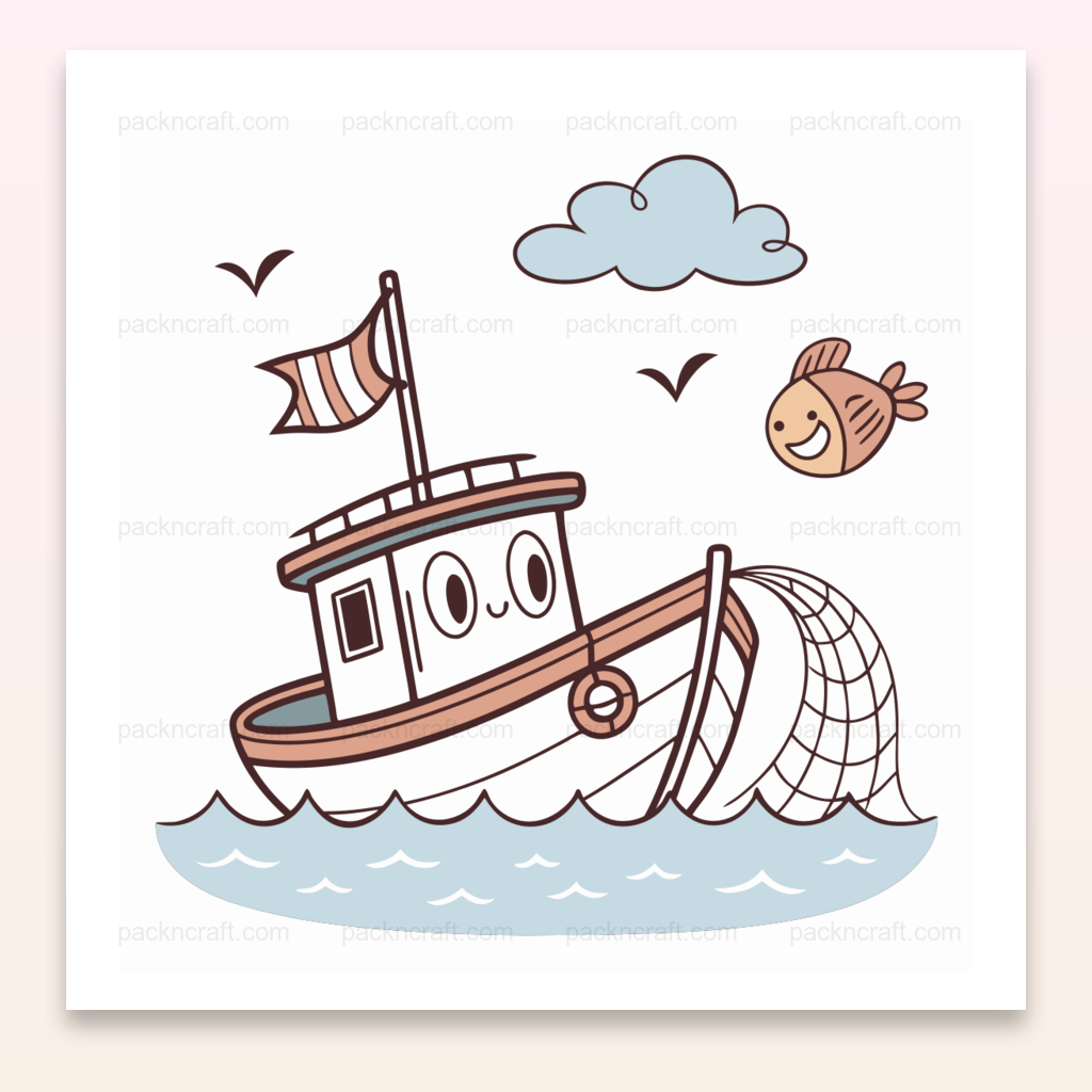 Illustration d'un bateau pêcheur joyeux, style pastel, pour projets DIY et éducatif