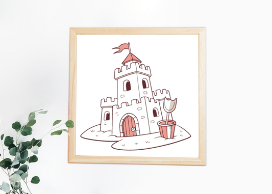 Cadre élégant affichant un château de sable et une pelle avec couleurs pastel