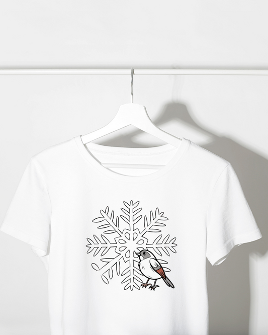 T-shirt avec motif original moineau et flocon, style hivernal et enchanteur