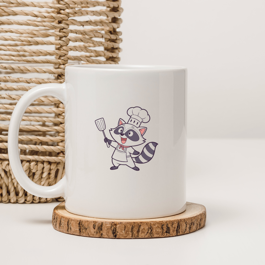 Mug avec raton laveur kawaii cuisinier, ambiance fun et joyeuse en cuisine