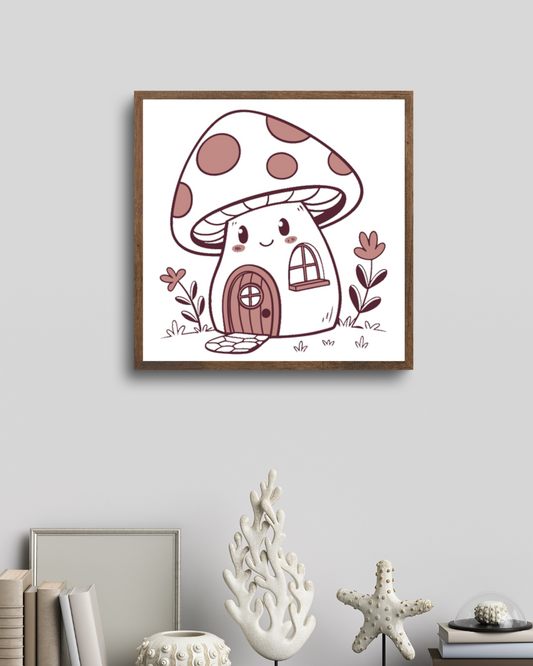 Cadre élégant avec maison champignon souriante, ambiance fantastique et joyeuse