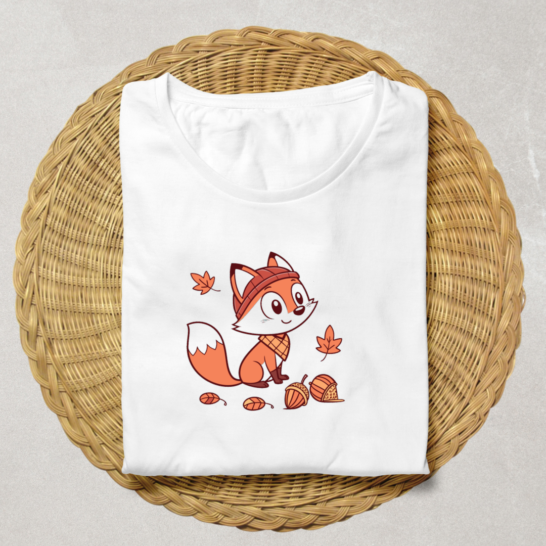 T-shirt avec renard automnal kawaii sur fond forestier charmant et ludique