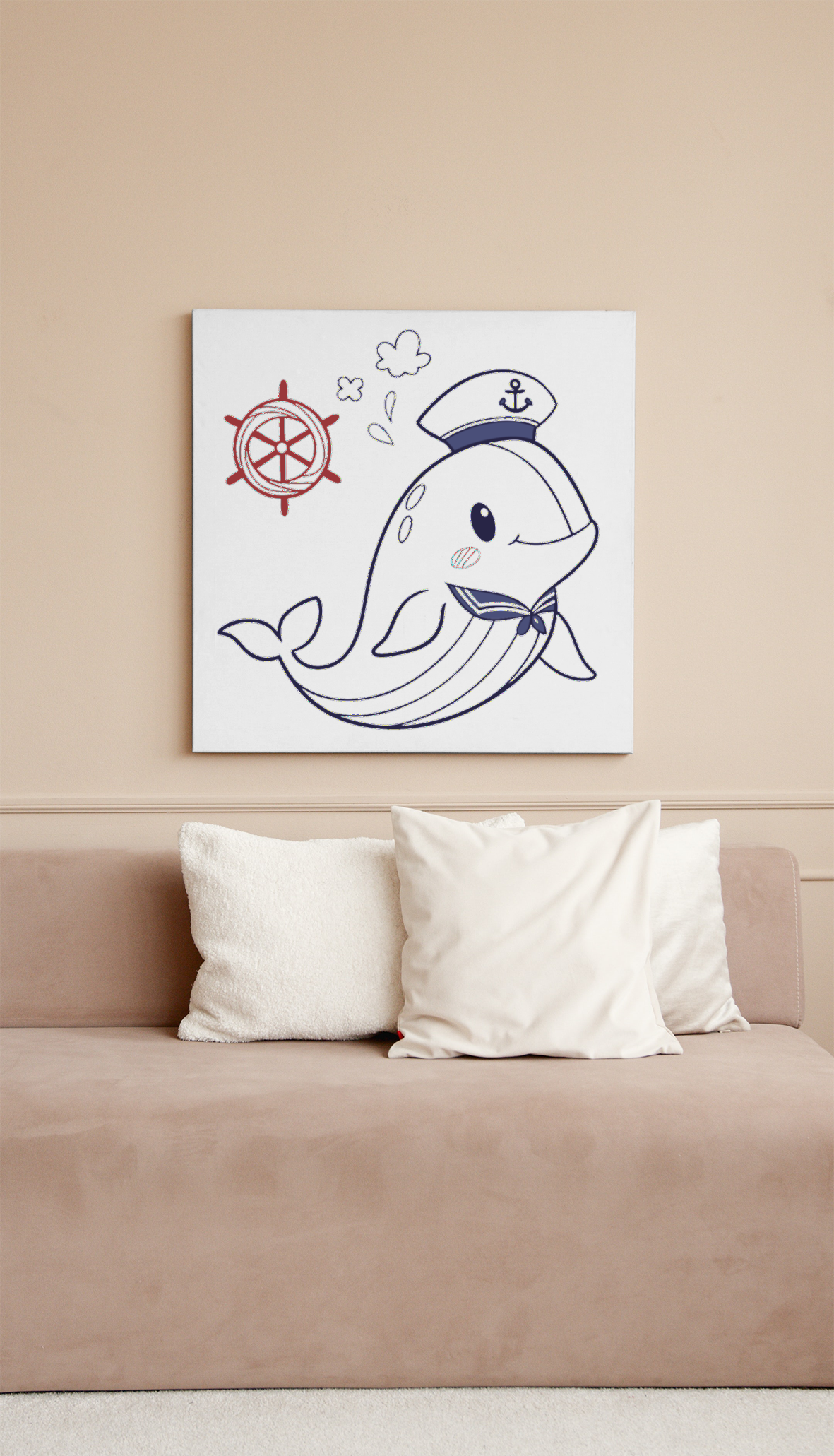 Cadre illustré en style doodle avec une baleine souriante et un thème nautique