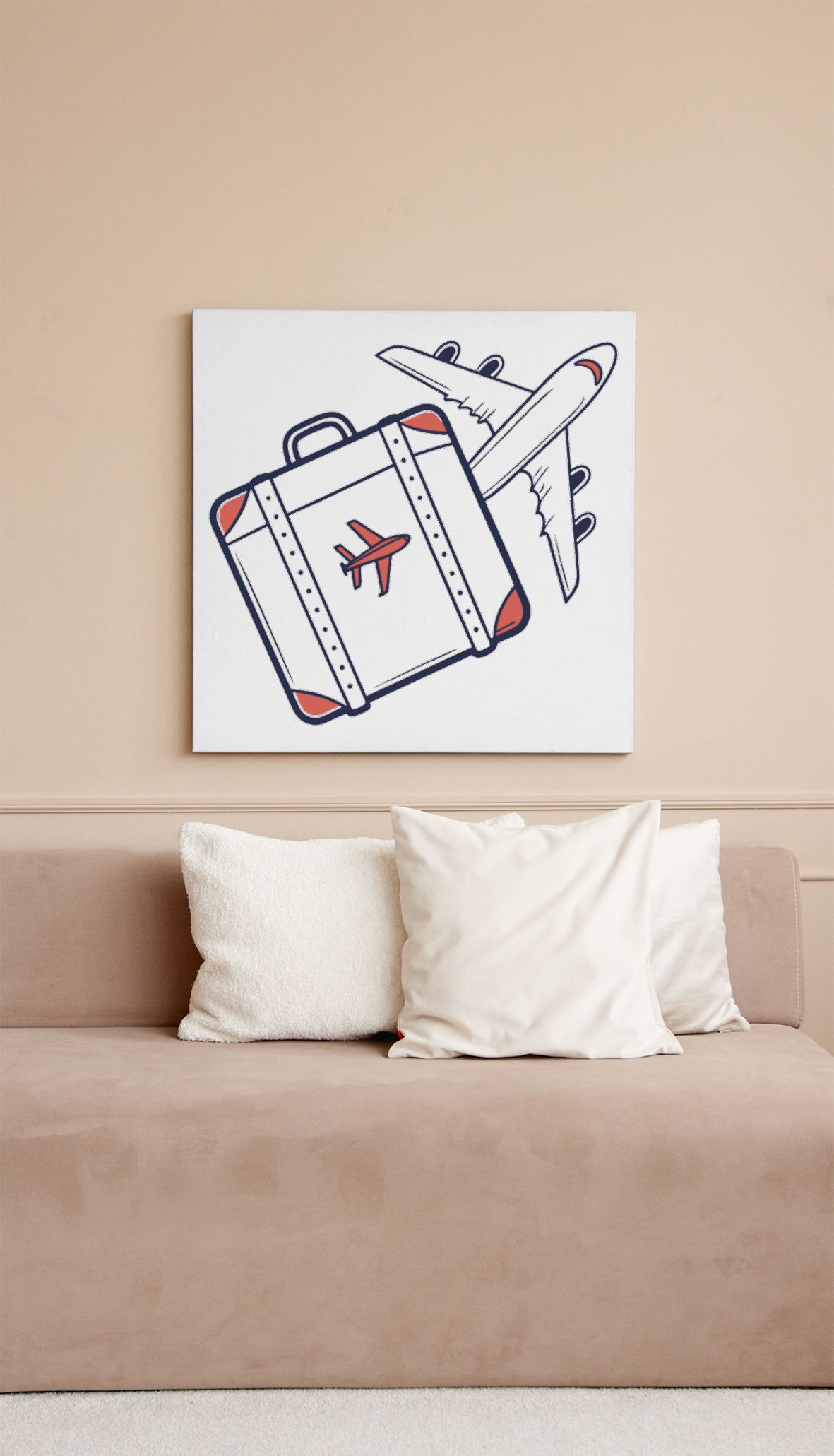 Cadre avec une valise volante minimaliste sur le thème du voyage