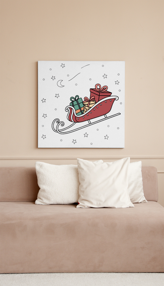 Cadre avec traîneau festif sur fond de ciel étoilé, style numérique vibrant