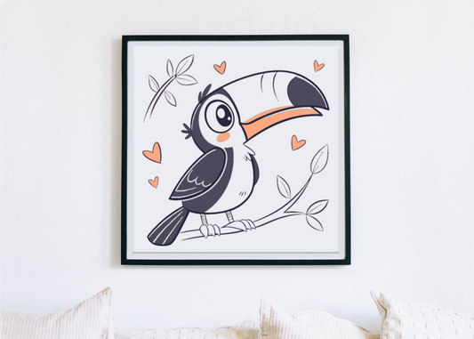 Cadre décoratif kawaii avec un toucan joyeux sur une branche tropicale