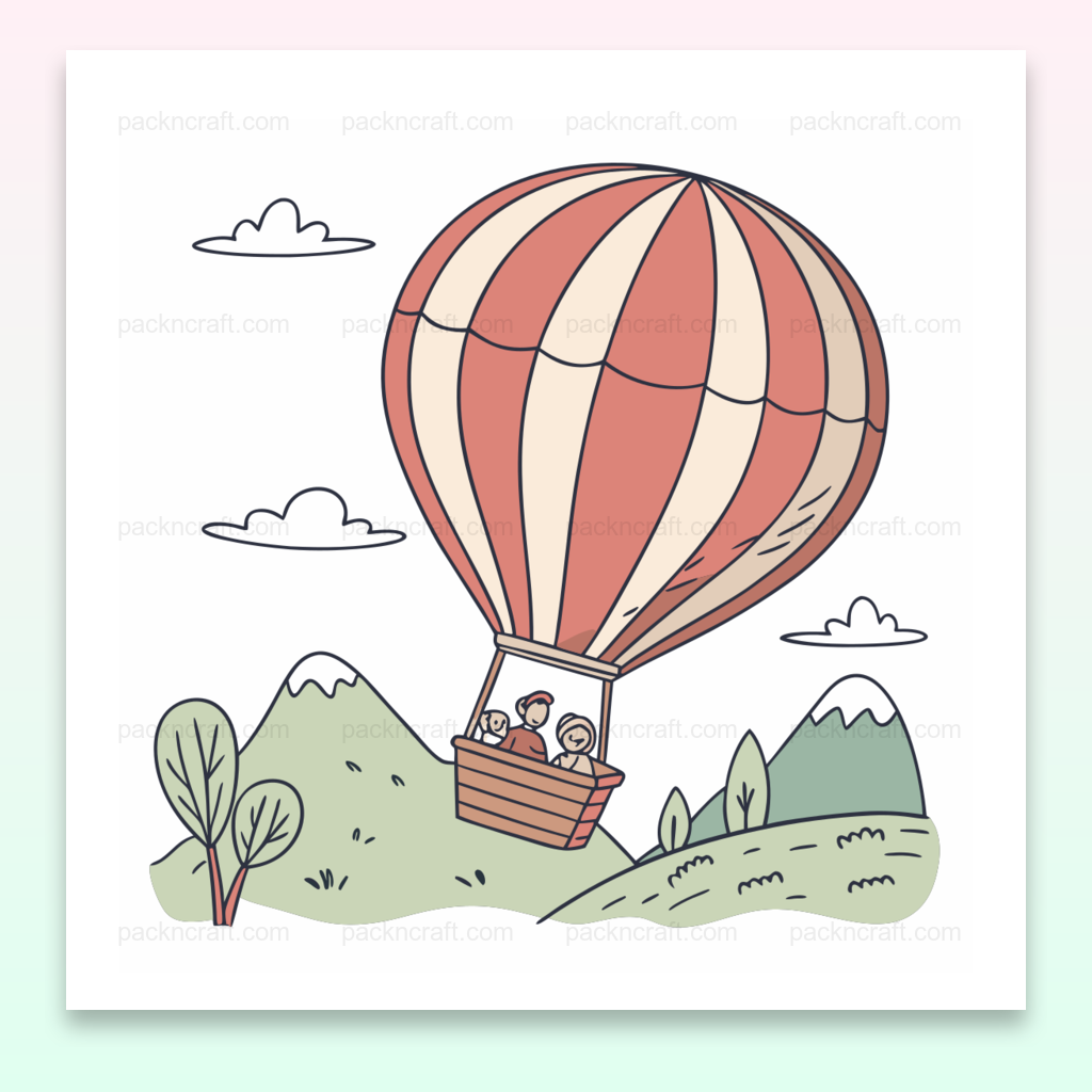 Illustration vectorielle de montgolfière colorée en montagne, idéale pour DIY et papeterie.