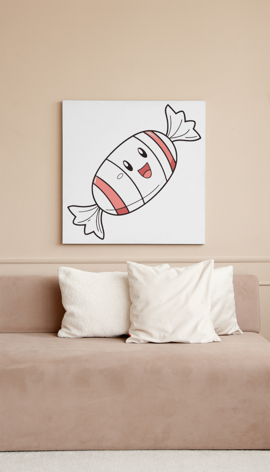 Cadre décoratif montrant un kawaii bonbon joyeux sur son fond festif et coloré