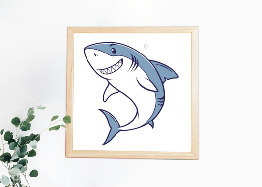 Cadre avec requin souriant illustré style cartoon, parfait pour un décor océan amusant
