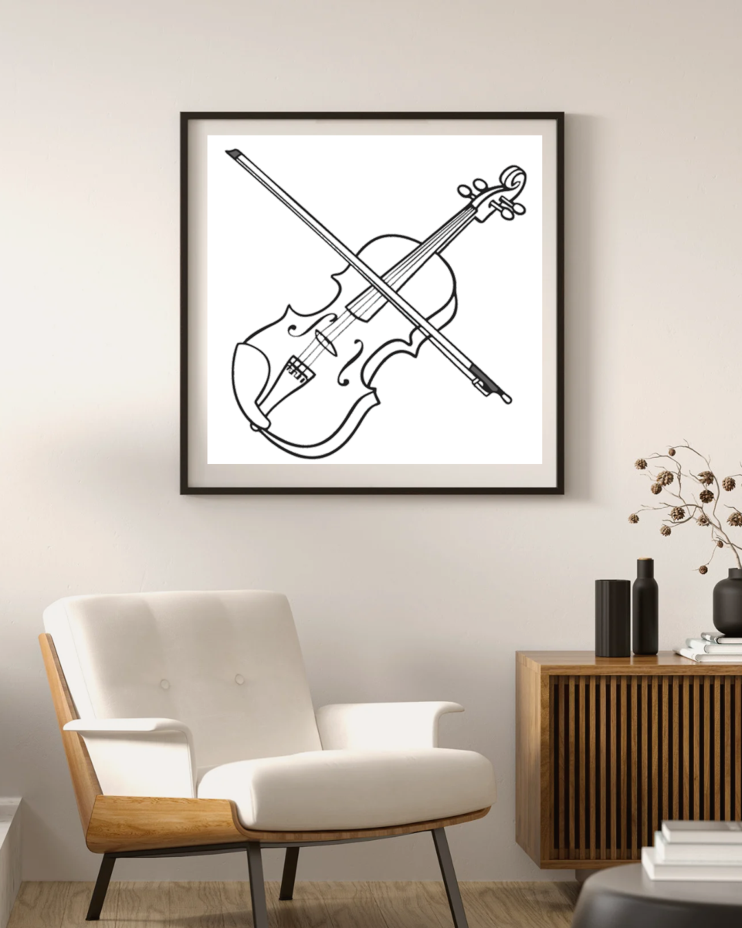 Cadre en bois avec design minimaliste d'un violon évoquant une ambiance musicale