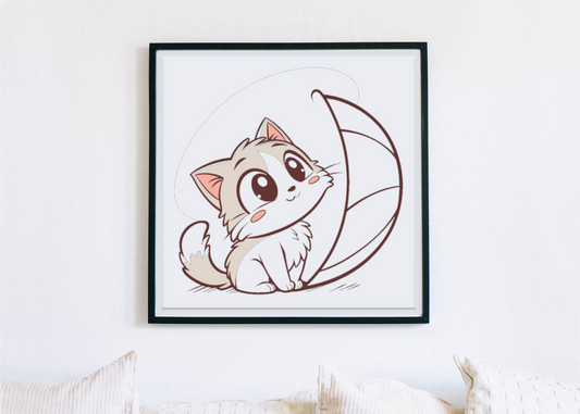 Cadre avec un chat espiègle sous une feuille, ambiance kawaii et naturelle