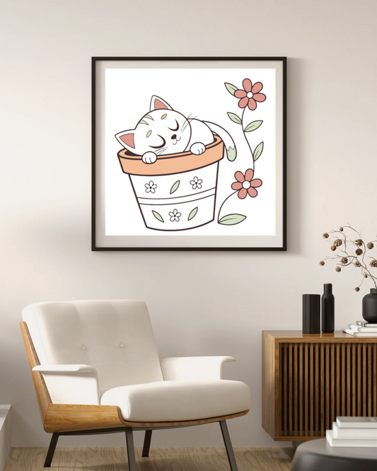 Cadre avec icône chat endormi pot de fleur style pastel et naturel