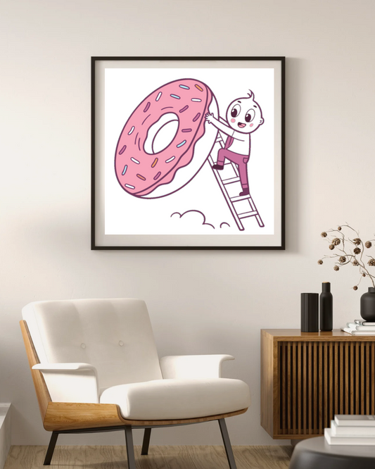 Cadre avec un enfant grimpant sur un donut géant décoration ludique et originale